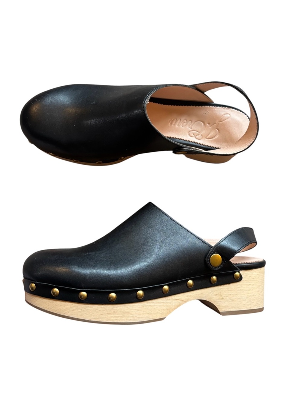 J.crew Convertible black leather clogs wooden Swedish cottagecore Lagenlook 8